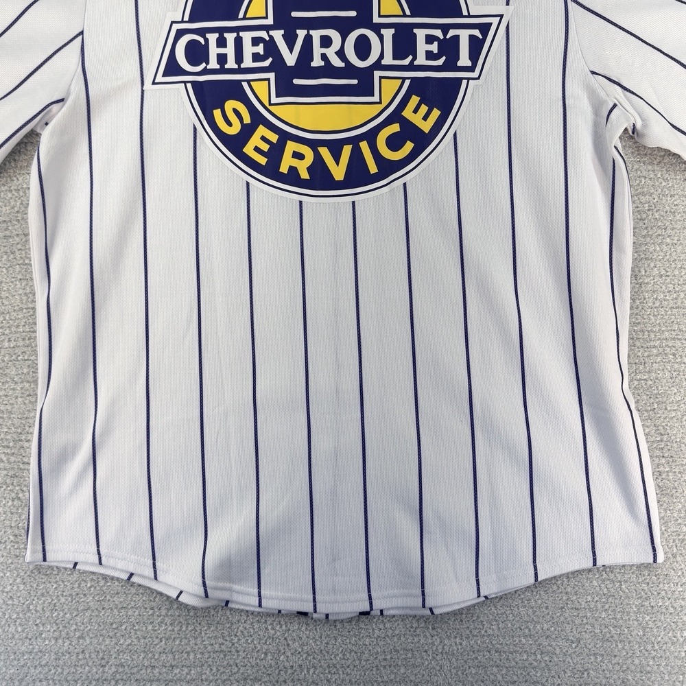 GM Chevrolet Chevy Baseball Jersey Mens Medium White Blue Pinstripe Button - Picture 10 of 15